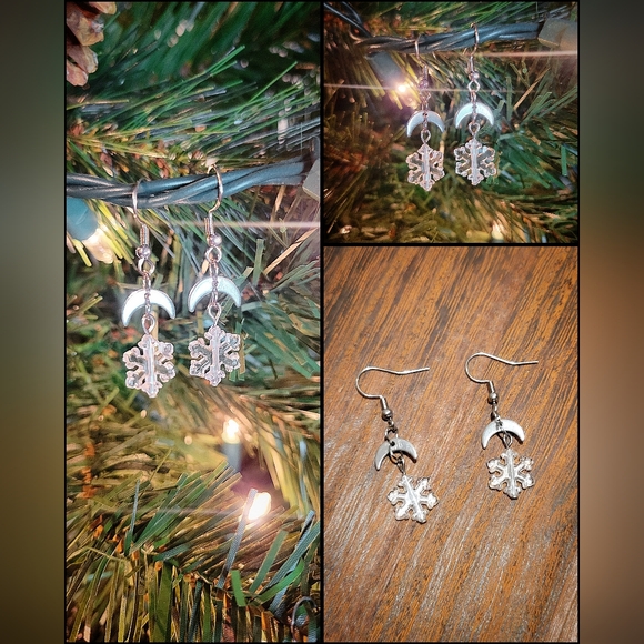 Hand Crafted Jewelry - Winter Solstice Moon & Snowflake Stainless Steel Earrings, Hand Crafted!